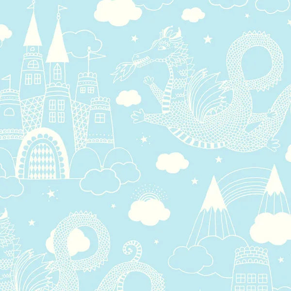 Majvillan Dragon sky behang in lt blue kleur in sfeervolle Scandinavische kinderkamer
