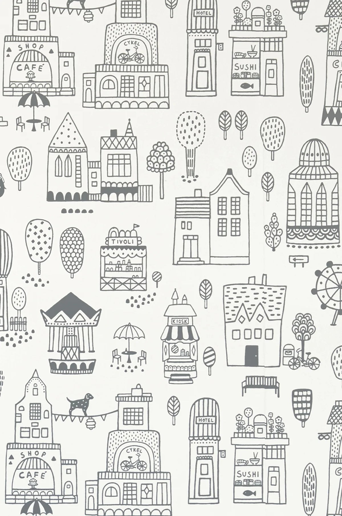 Majvillan Little town black behang sfeerbeeld kinderkamer detail