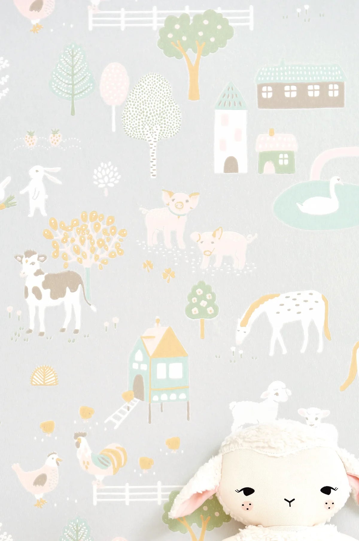 Majvillan My Farm soft grey behang sfeerbeeld kinderkamer detail