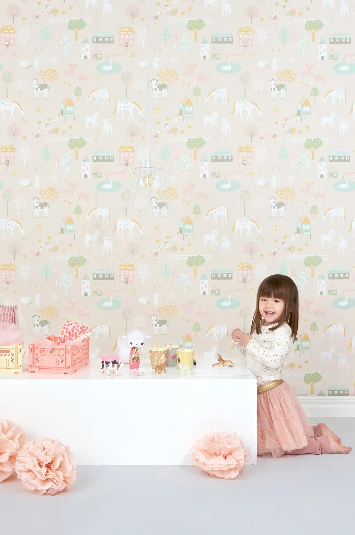 Majvillan My Farm soft pink behang sfeerbeeld kinderkamer detail