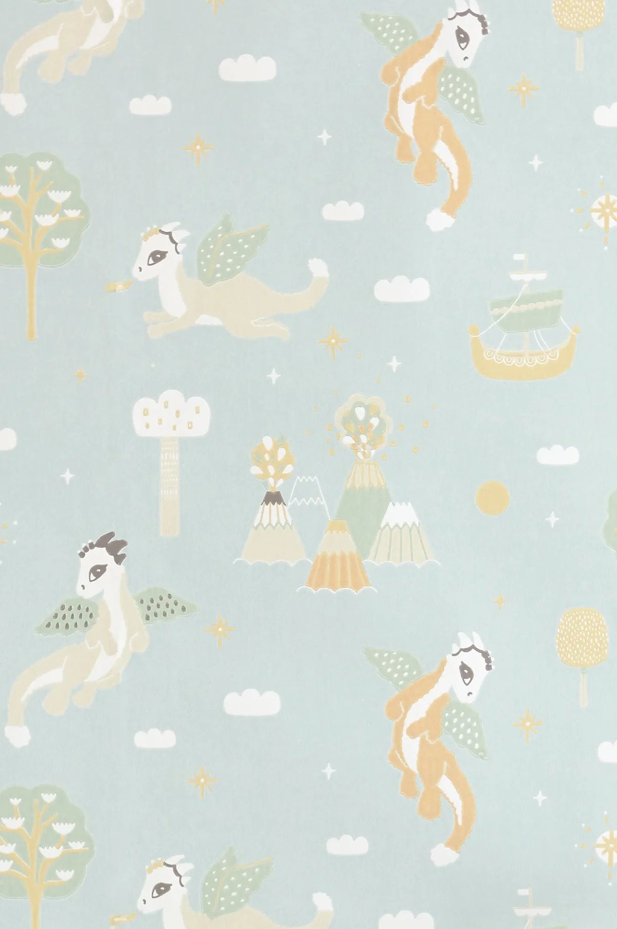 Majvillan Magical adventure dusty blue behang sfeerbeeld kinderkamer detail