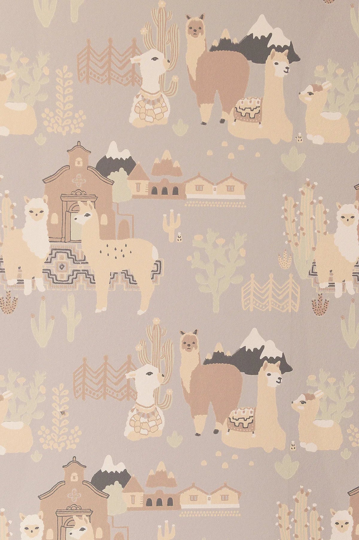 Majvillan Lama Village soft grey behang sfeerbeeld kinderkamer detail