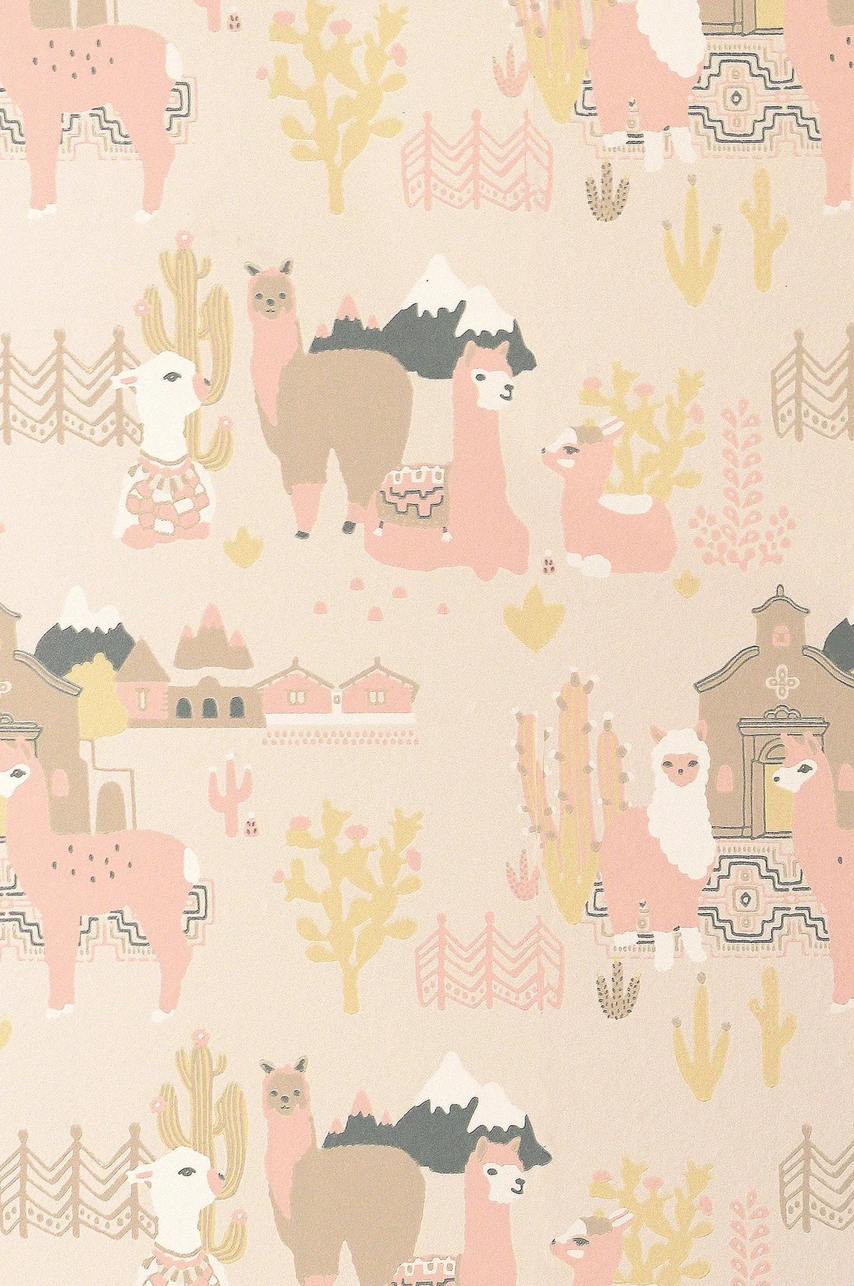 Majvillan Lama Village light sunny pink behang sfeerbeeld kinderkamer detail