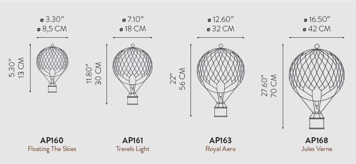 Maatvergelijking van de Authentic Models luchtballonnen, van 13 cm tot 70 cm hoog