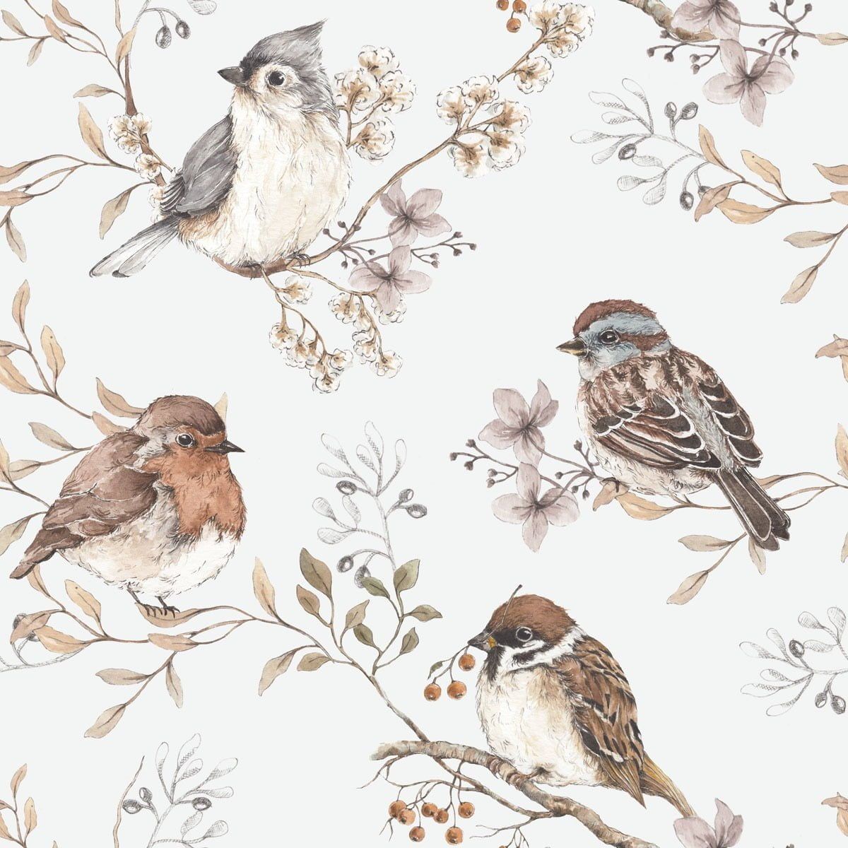 Dekornik Birds White-grey Behang kinderkamer behang in Scandinavisch design