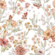 Dekornik Behang Autumn Meadow White — Een licht behang met een herfstig weidemotief van grassprieten, bladeren en kleine diertjes op een witte achtergrond, perfect voor een rustige, natuurlijke kinderkamer. Detailopname van het patroon en de kleuren.