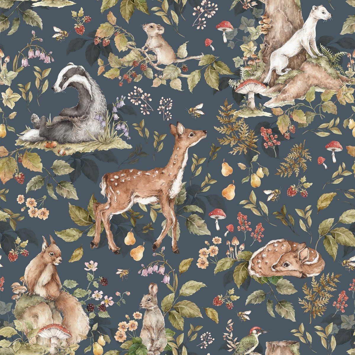 Dekornik Autumn Forest With Animals Behang kinderkamer behang — Scandinavisch design in zachte kleuren voor babykamer en kinderkamer