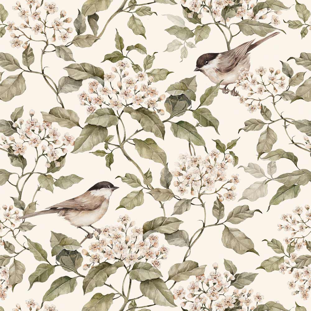 Dekornik Birds And Beige Spring Behang — Een zacht behang met vogeltjes tussen lentebloesem op een warme beige achtergrond, perfect voor een rustige, lichte kinderkamer. Detailopname van het patroon en de kleuren.
