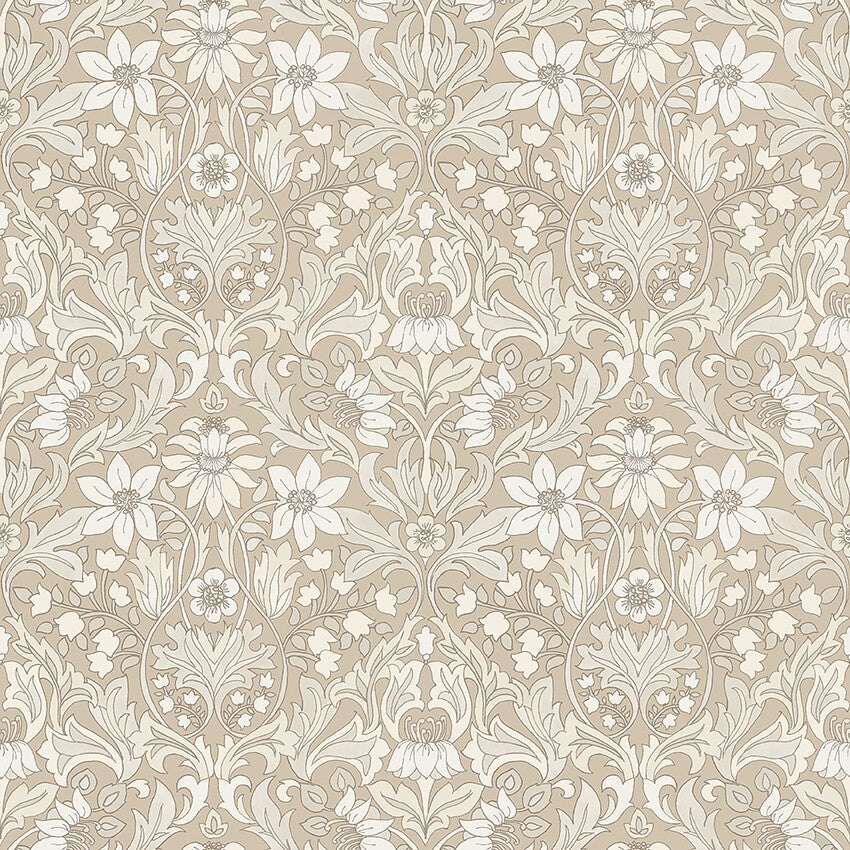 Boråstapeter Blomsterfröjd — Timeless Traditions vliesbehang in beige, sfeervolle slaapkamer