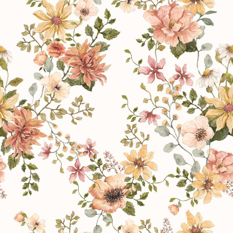 Dekornik Behang English Garden — Een sierlijk behang geïnspireerd op een Engelse tuin, met bloemen, bladeren en botanische ranken in zachte kleuren, perfect voor een tijdloze, romantische kinderkamer. Close-up van de illustraties en texturen.