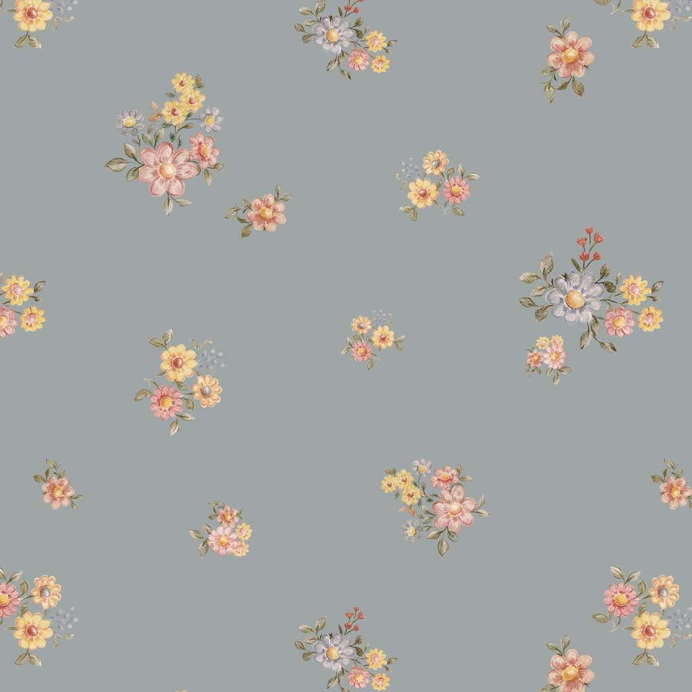 Dekornik Flowers Minimini Dark Behang — Een fijn behang met kleine bloemetjes in een mini-patroon op een donkere achtergrond, perfect voor een sfeervolle, botanische kinderkamer. Close-up van de illustraties en texturen.