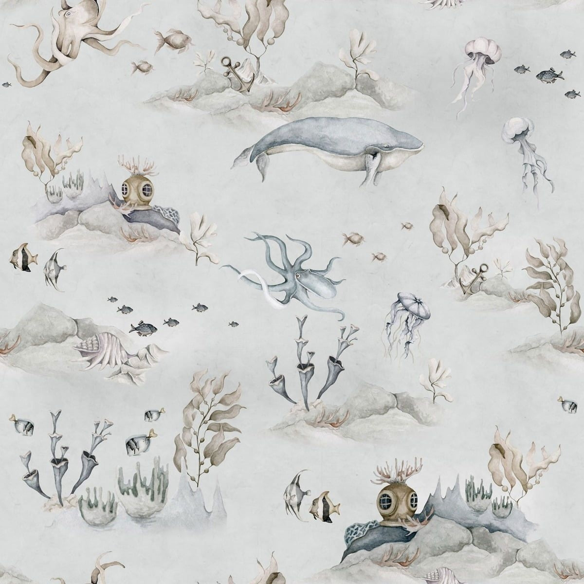 Dekornik Underwater World Grey Behang — Een sfeervol behang met een onderwaterwereld vol visjes en zeewezens op een grijze achtergrond, perfect voor een rustige, maritieme kinderkamer. Close-up van de illustraties en texturen.