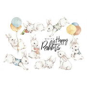Dekornik White Happy Rabbits Wonderland Muurstickers — Een zachte set muurstickers met witte konijntjes tussen bloemen, perfect voor een dromerige, lieve babykamer.