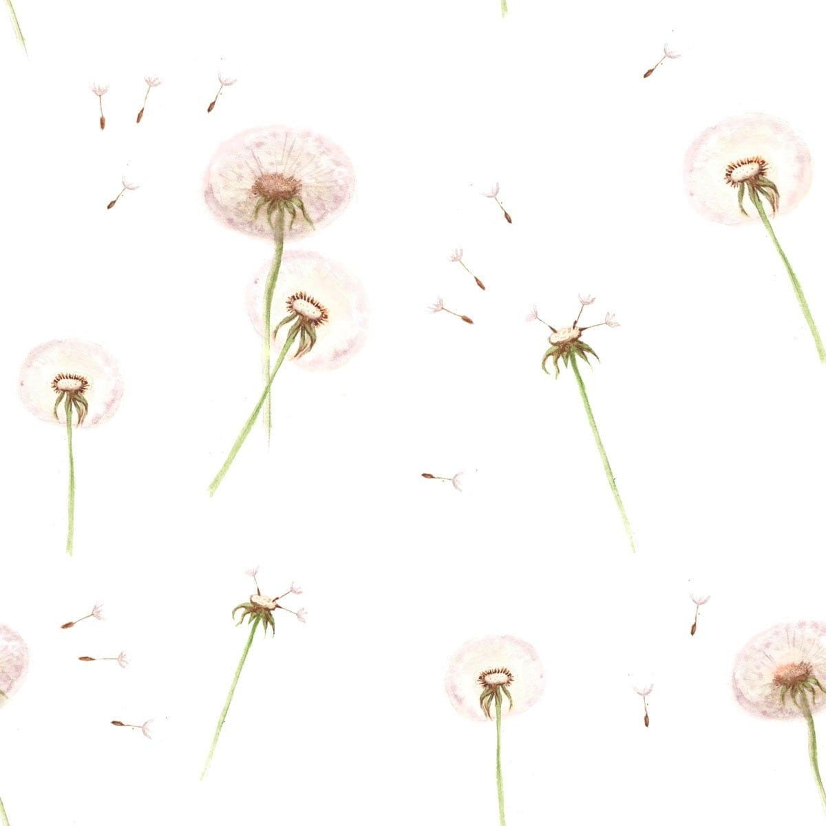 Dekornik Behang Dandelions — Een luchtig behang met paardenbloemen en zwevende pluisjes in zachte pastelkleuren, perfect voor een dromerige, botanische kinderkamer. Detailopname van het patroon en de kleuren.