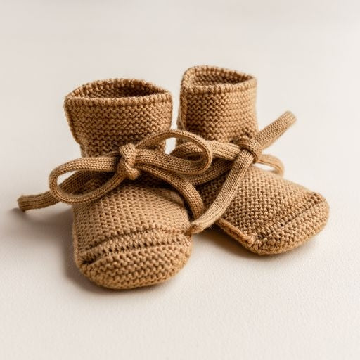 HVID original booties (0-9m) in ochre — productfoto op witte achtergrond, gemaakt van Belgische merinowol bij Lidor
