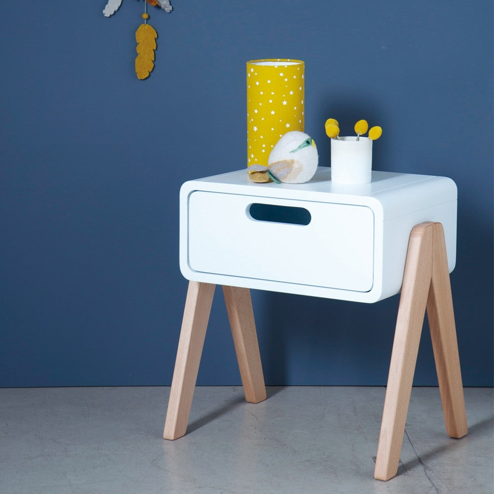 Nachtkastje Chevet Petit Robot Pieds Bois Naturel Blanc