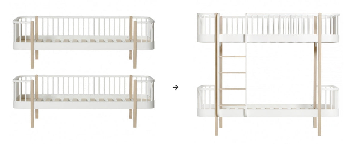 Oliver Furniture Conversion Kit 2 Day Beds Naar Bunk Bed, White/oak tijdens de transformatie van een Oliver Furniture