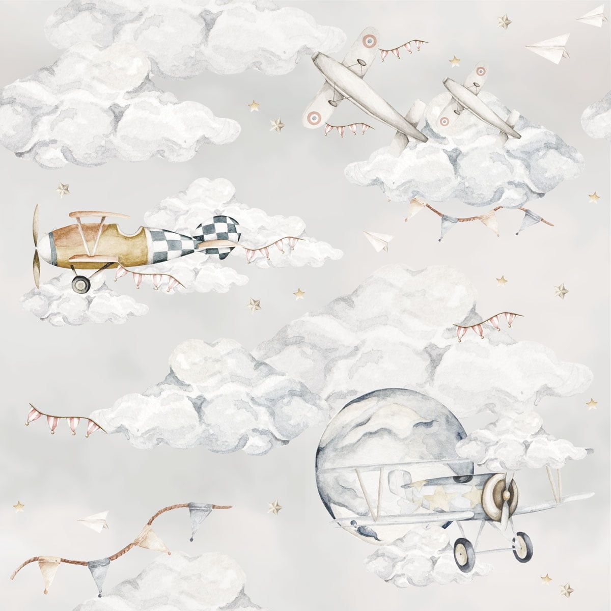 Dekornik Magic Planes Behang kinderkamer behang — Scandinavisch design in zachte kleuren voor babykamer en kinderkamer