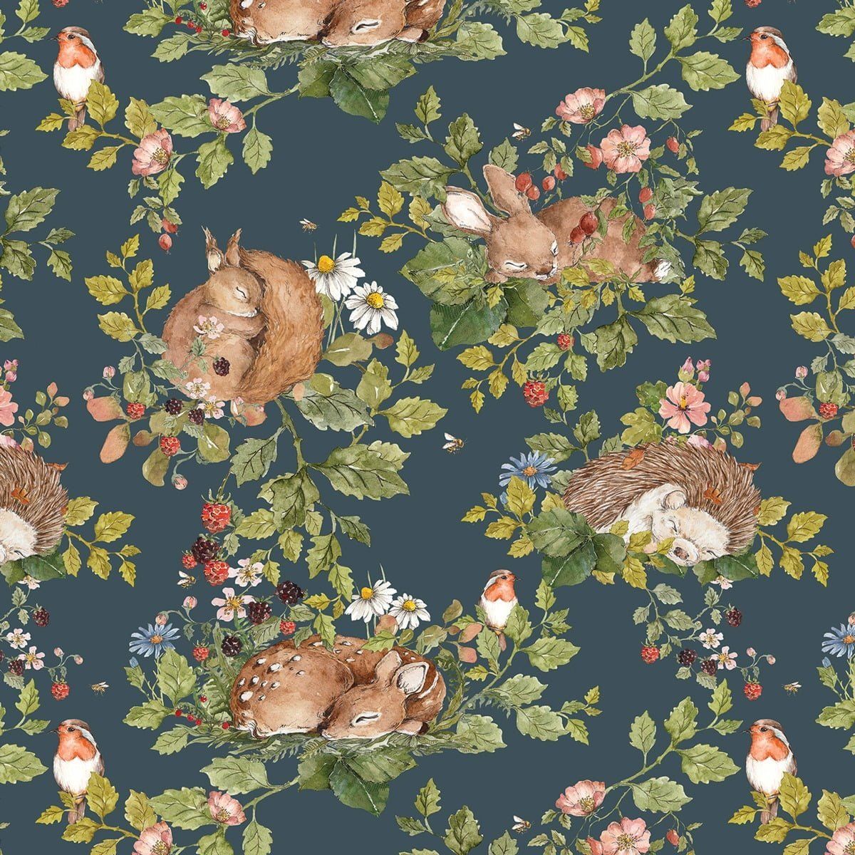 Dekornik Little Sleepy Animals Dark Behang kinderkamer behang in Scandinavisch design