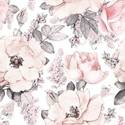 Dekornik Behang Pink Garden — Een behang vol bloeiende bloemen en twijgjes in zachte roze en groene tinten, perfect voor een romantische bloementuin-kinderkamer. Detailopname van het patroon en de kleuren.