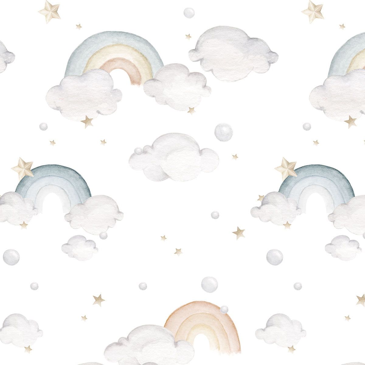 Dekornik Rainbows Behang — Een vrolijk behang met zachte regenbogen, wolkjes en sterretjes in pastelkleuren, perfect voor een vrolijke, kleurrijke kinderkamer. Detailopname van het patroon en de kleuren.